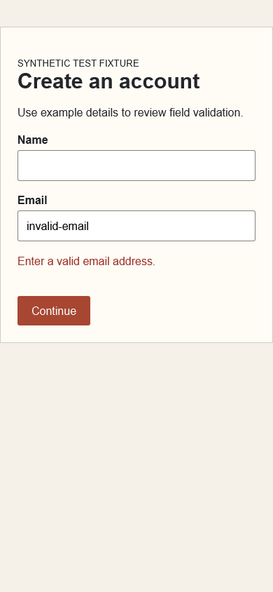 Example signup form with the name cleared and an invalid email error
